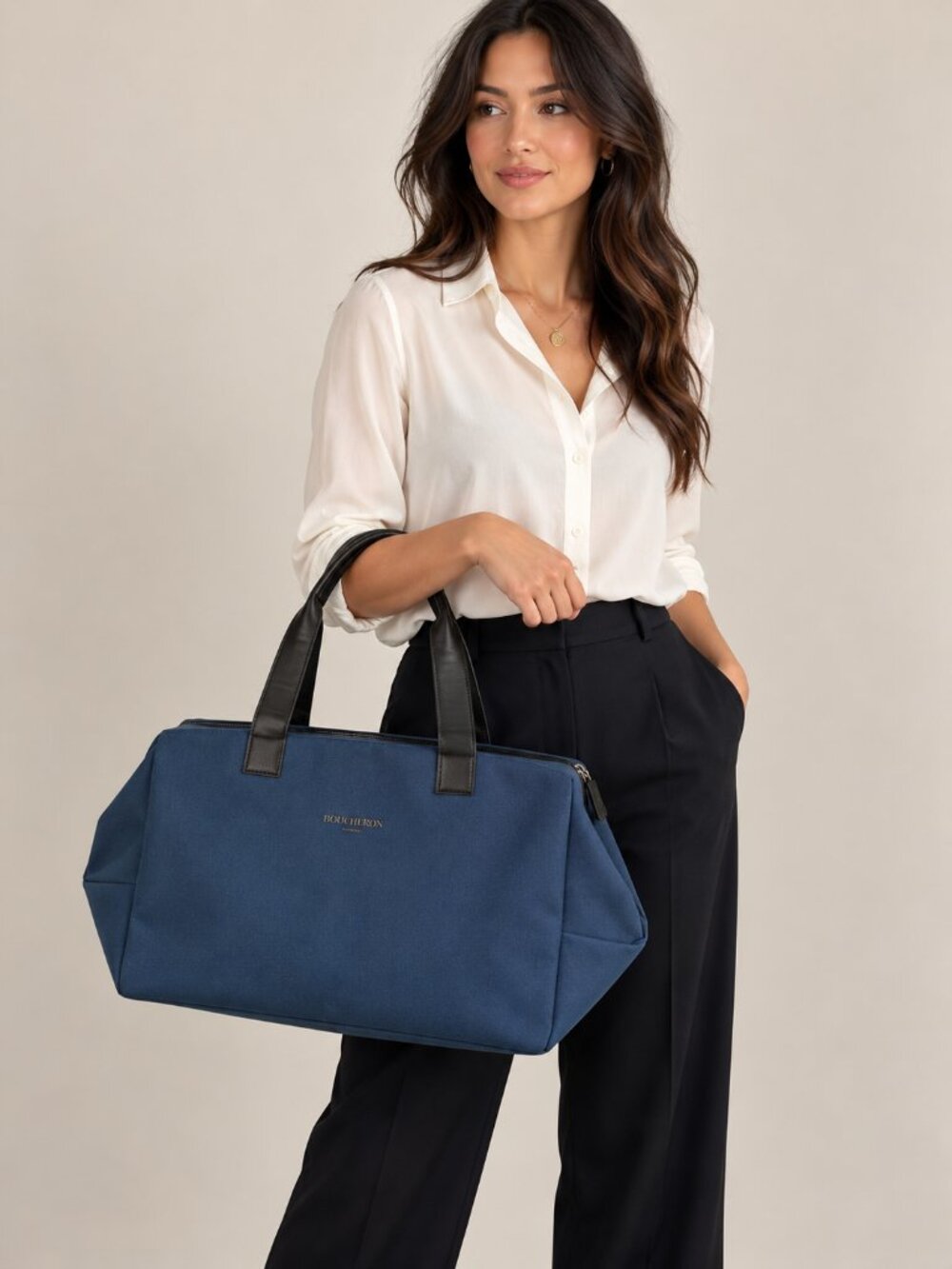 Boucheron Parfums Navy Blue Tote Bag Zip Top Black Handles